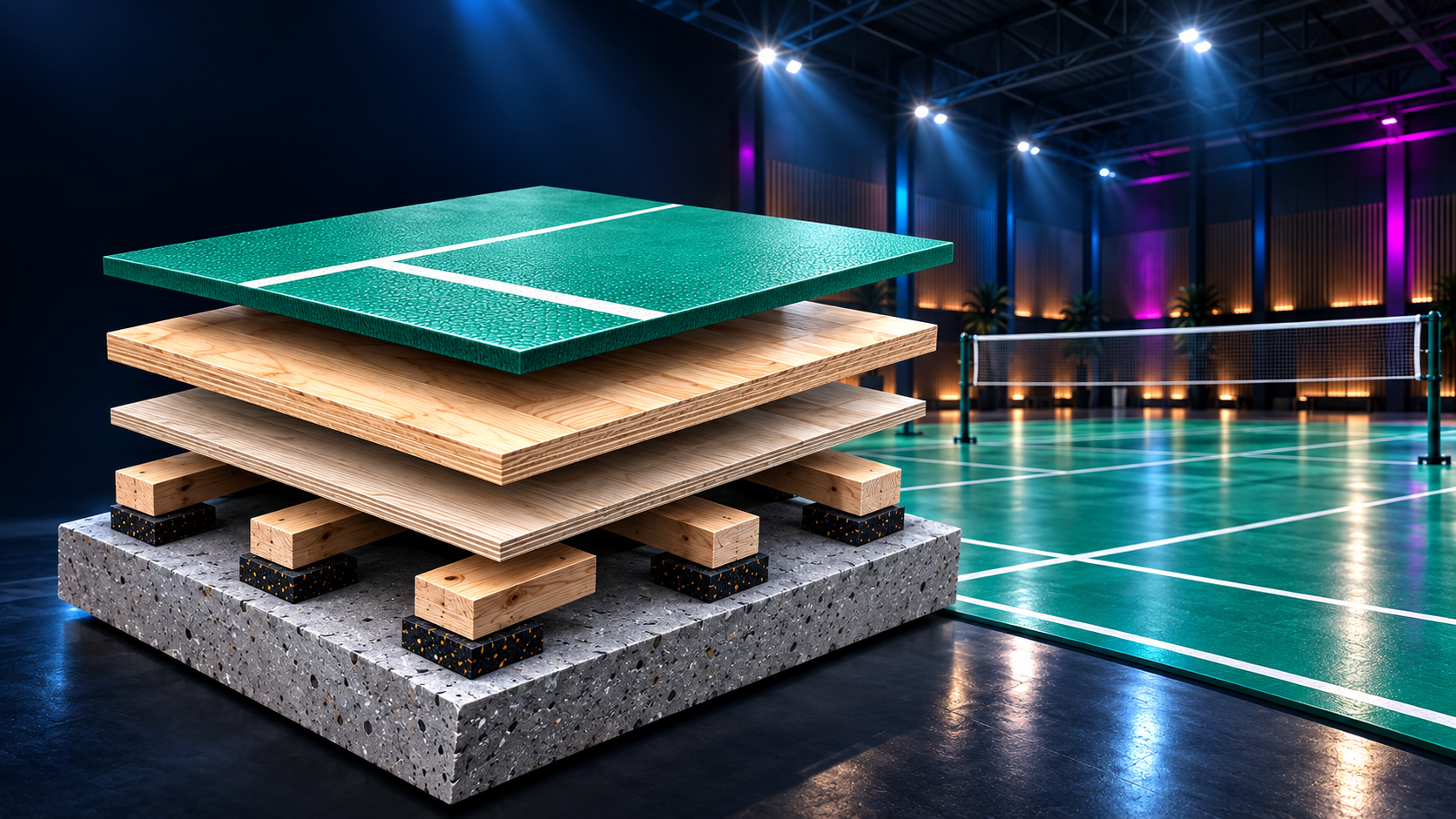 Illustration of a badminton court floor, with the green surface, wood panels, support battens, and rubber pads shown in an exploded view